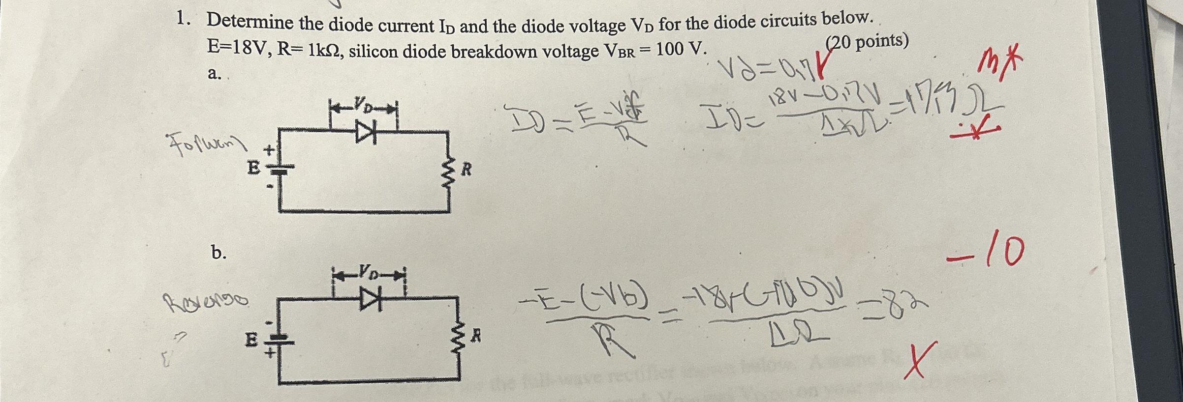 Determine the diode current I D and the diode