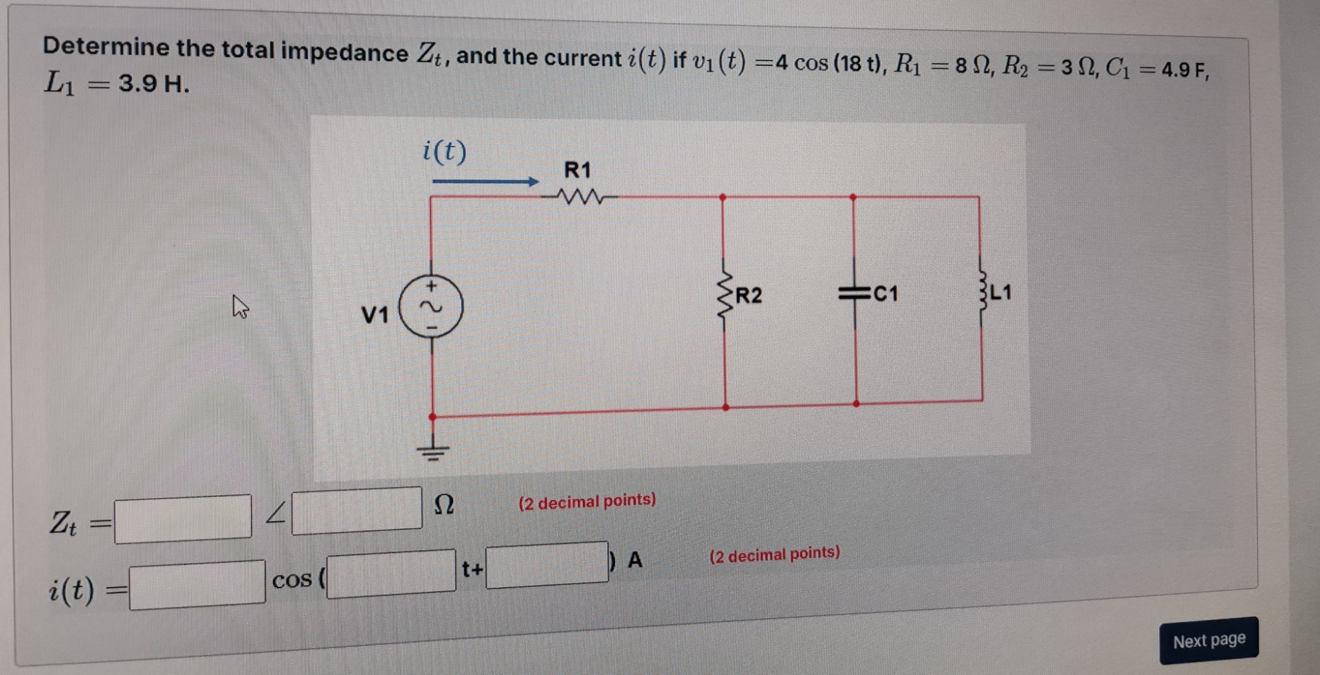 Determine the total impedance Z t , and the