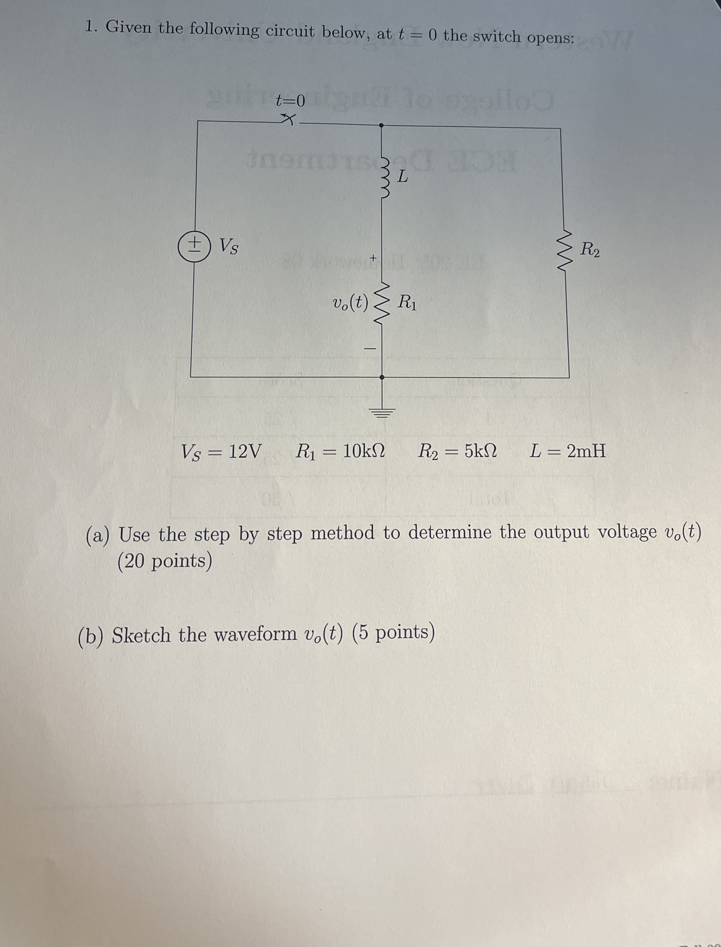 Given the following circuit below, at t = 0 the