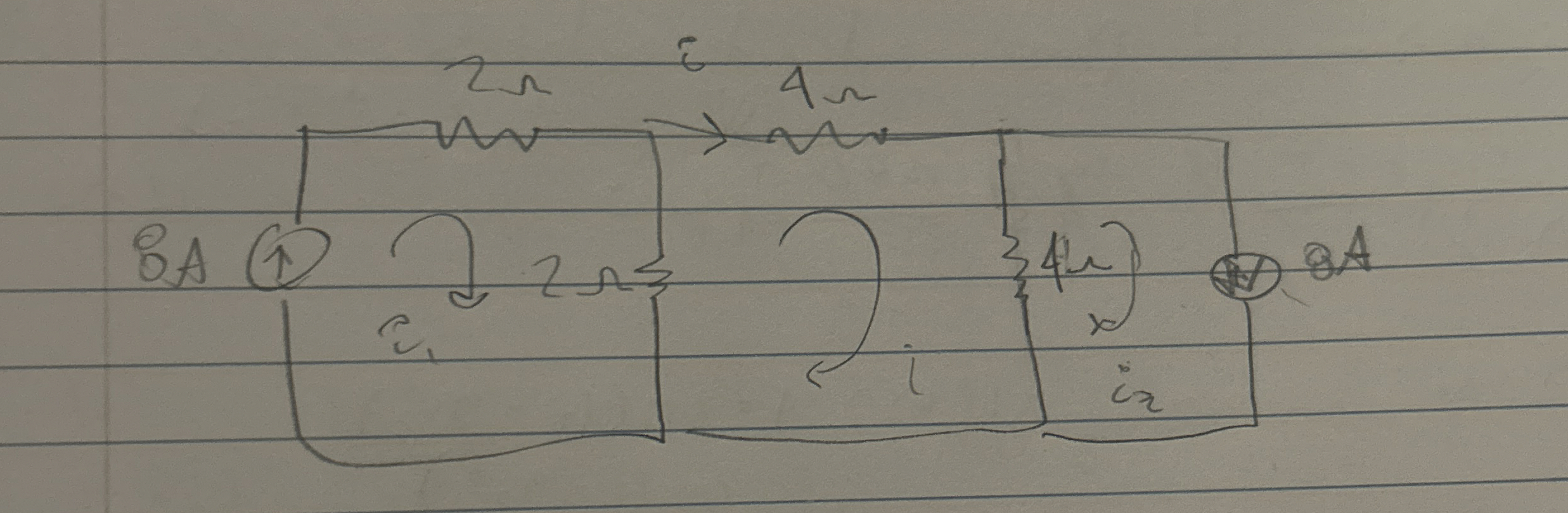 What is the value of i at the 4 ohm resistor