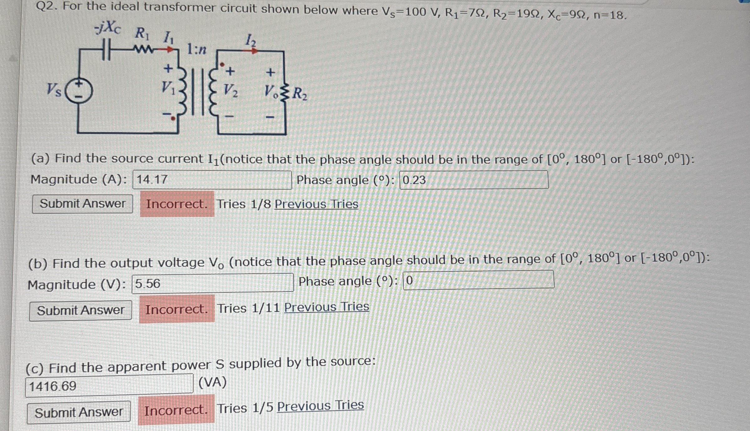 Q 2 . For the ideal transformer circuit shown