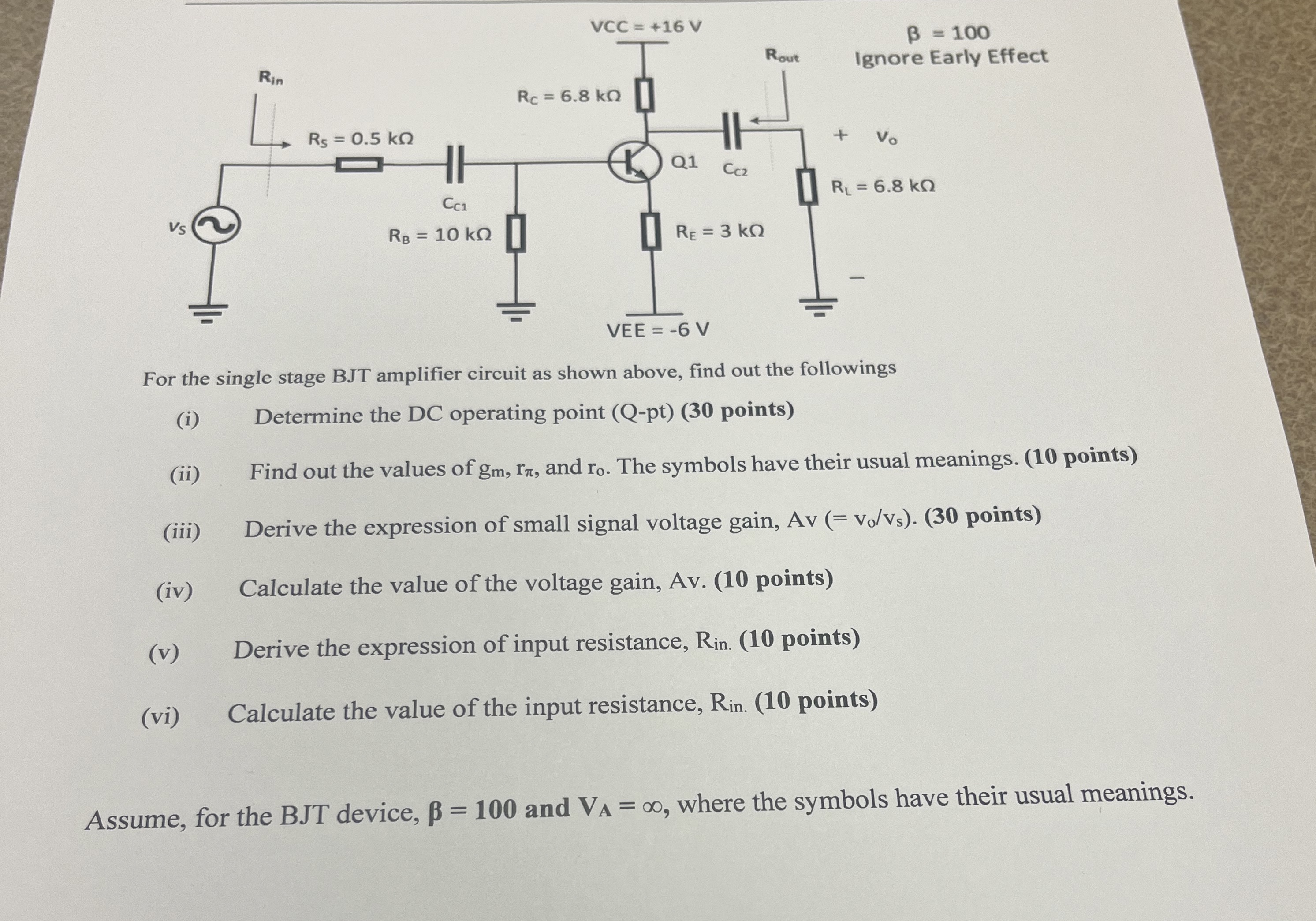 For the single stage BJT amplifier circuit as