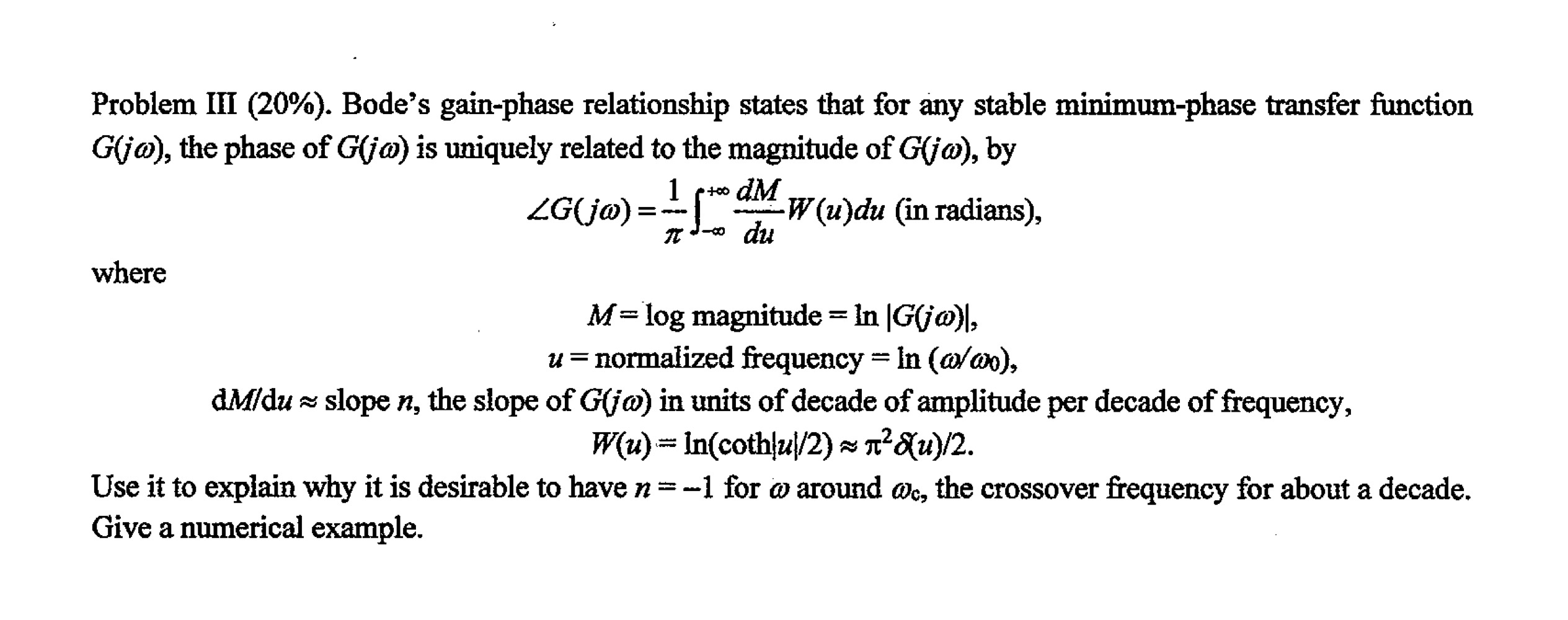 Problem III ( 2 0 % ) . Bode's gain - phase