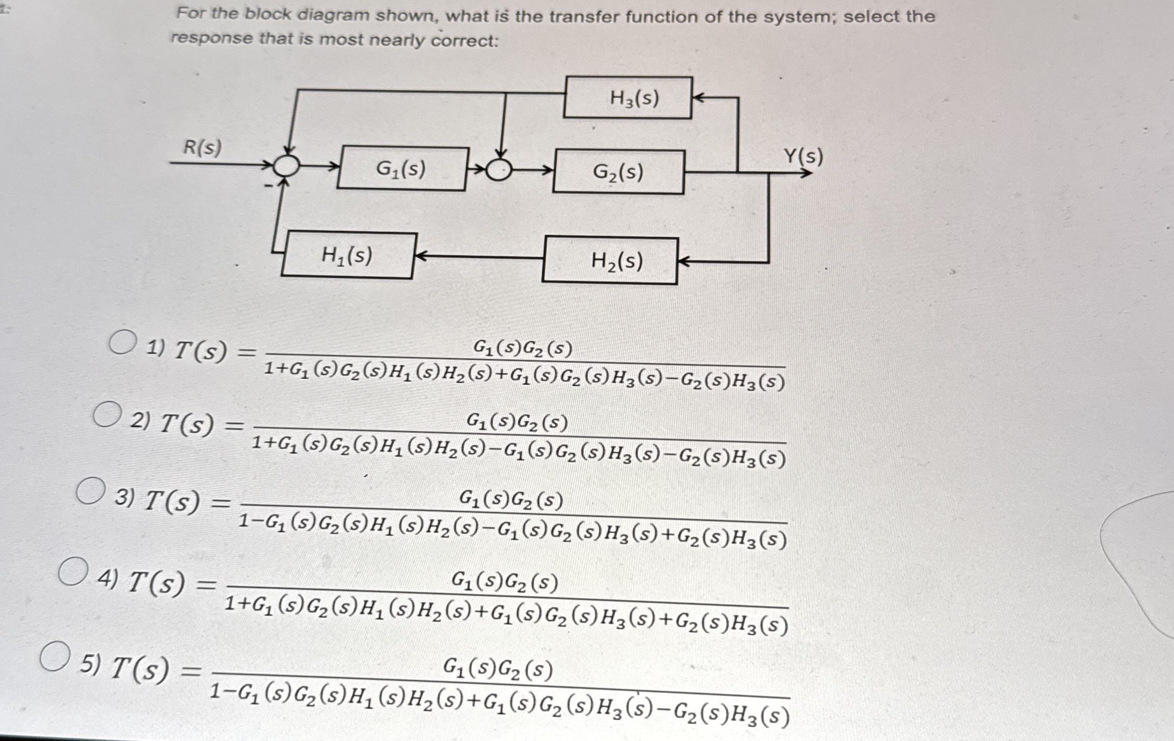 For the block diagram shown, what is the transfer
