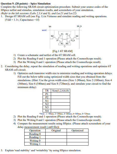 Question 9 . ( 2 0 points ) - Spice Simulation