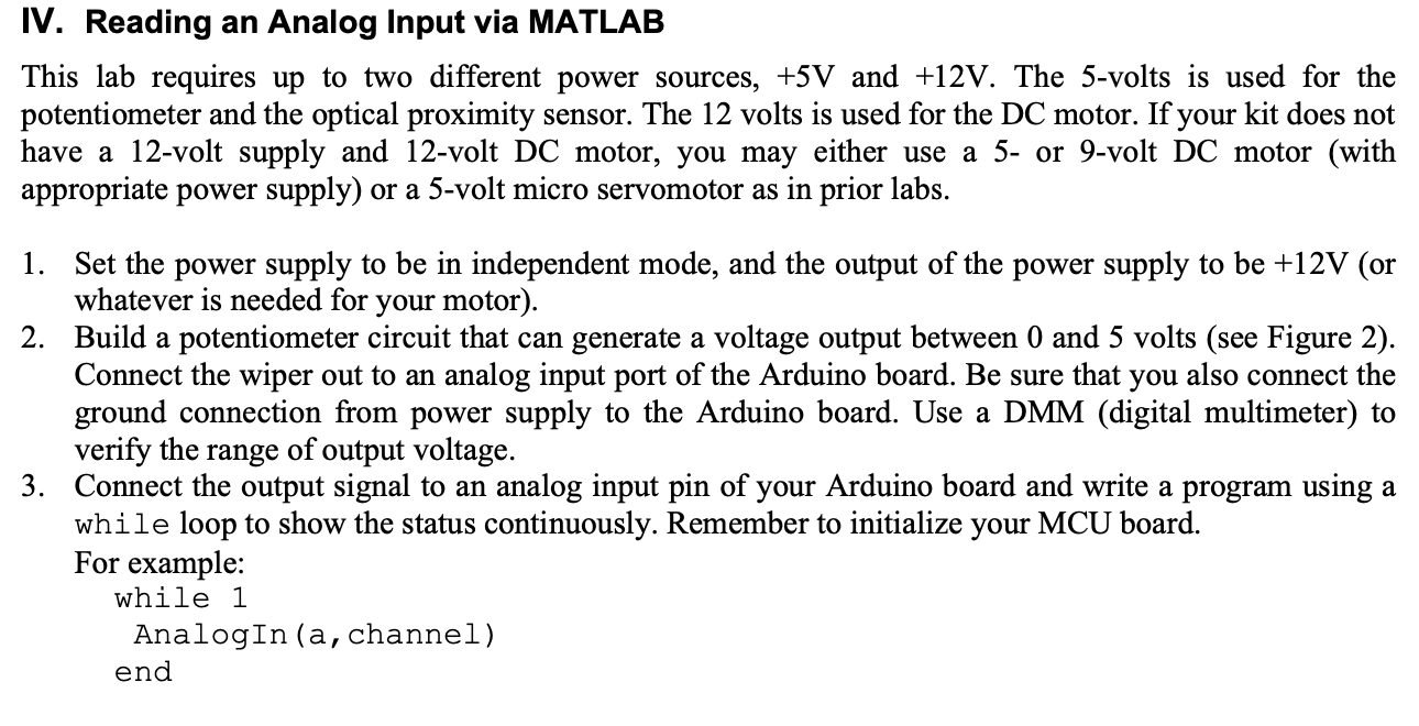 IV . Reading an Analog Input via MATLAB This lab