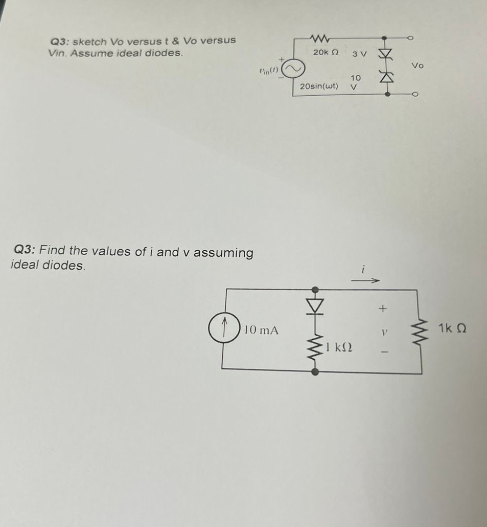 Q 3 : sketch Vo versus t & Vo versus Vin. Assume