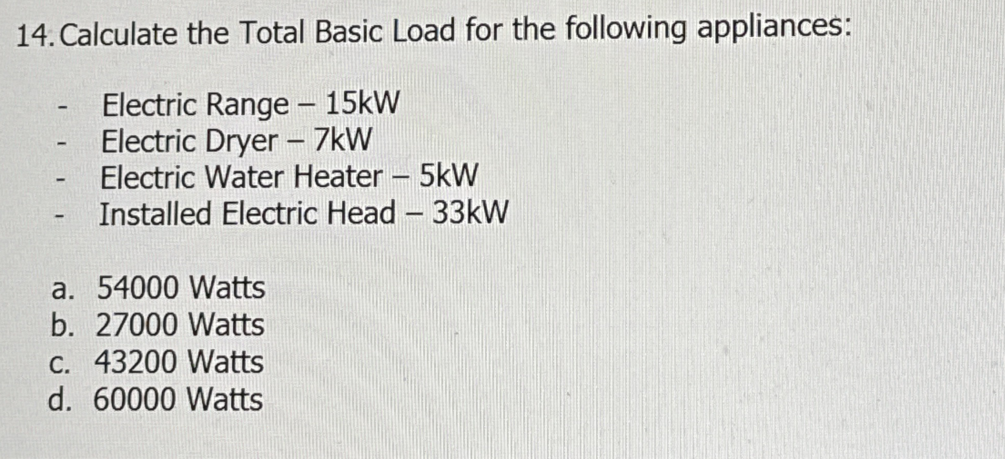 Calculate the Total Basic Load for the following