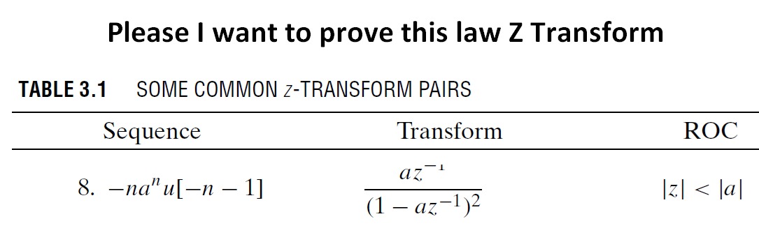Please I want to prove this law Z Transform TABLE