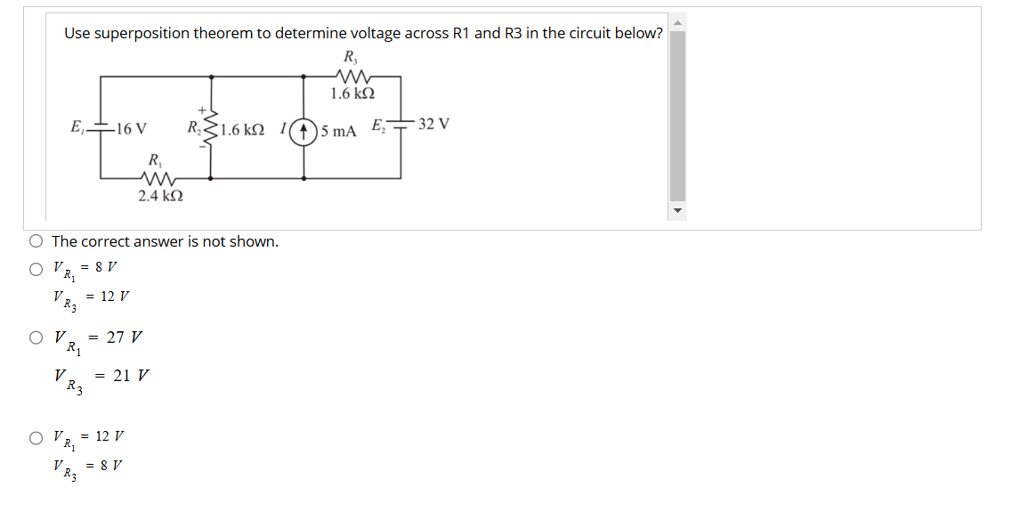 Use superposition theorem to determine voltage
