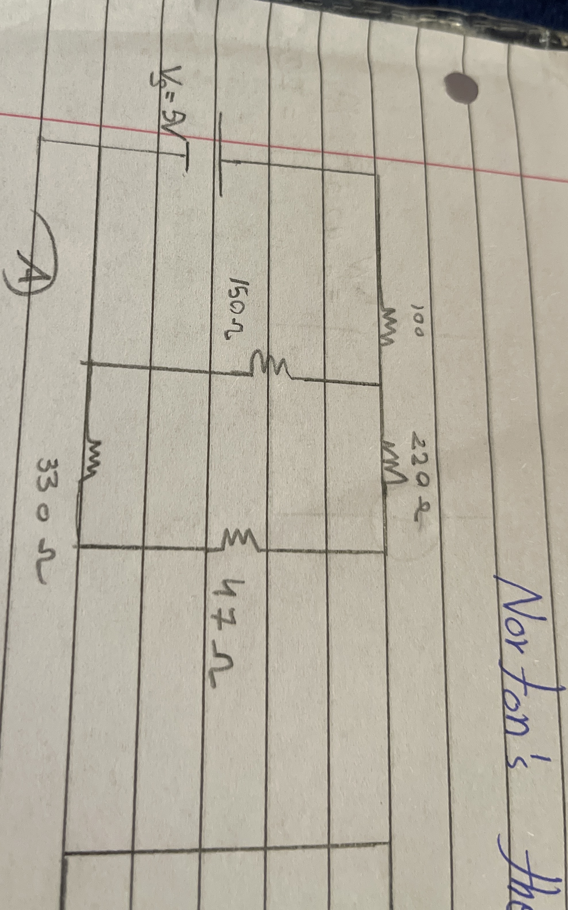 Norton's Theoram for 2 2 0 ohm, V = 5 v