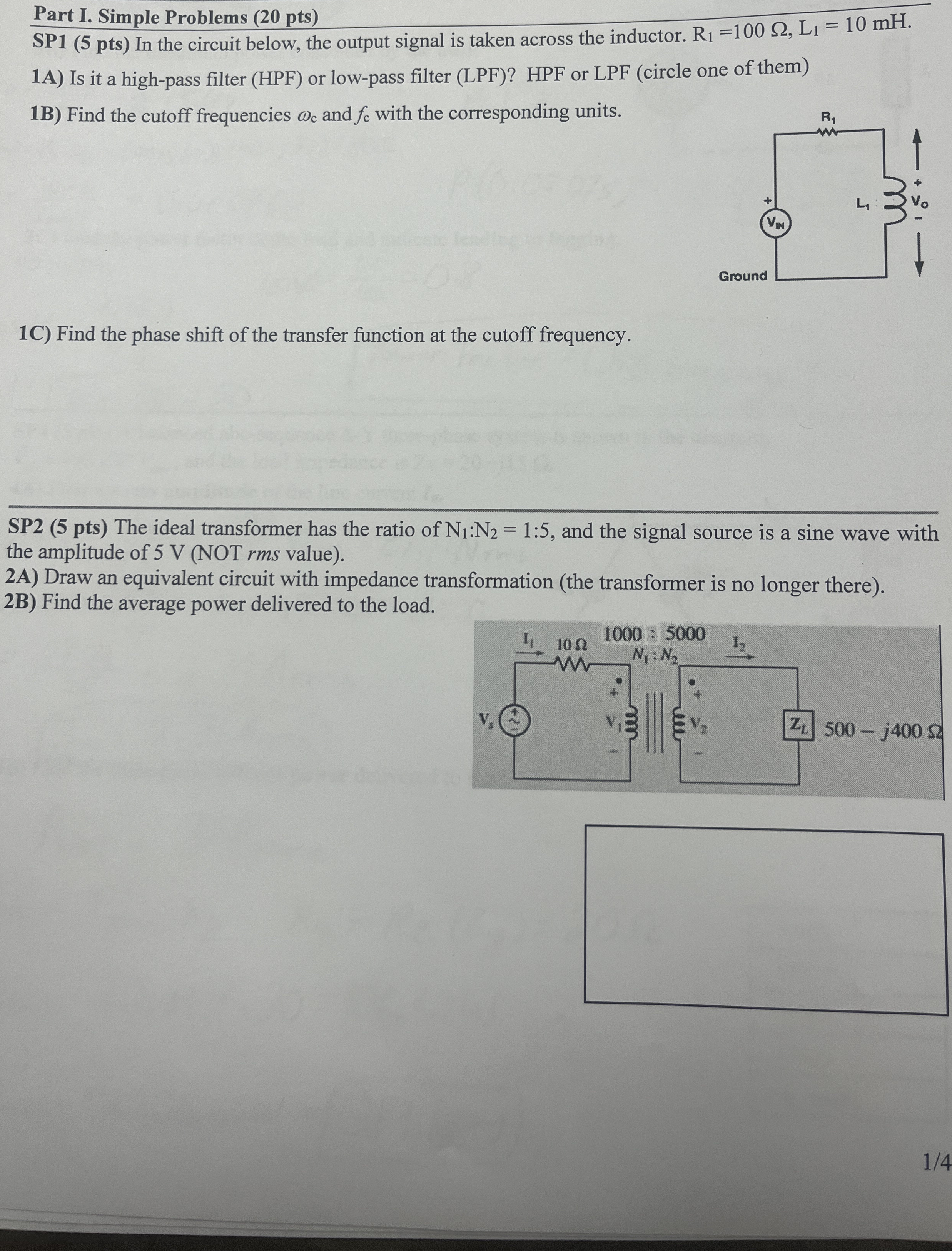 Part I. Simple Problems ( 2 0 pts ) SP 1 ( 5 p t