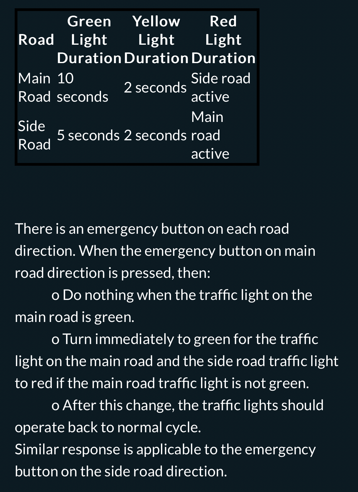 Objective: Design a traffic light control system