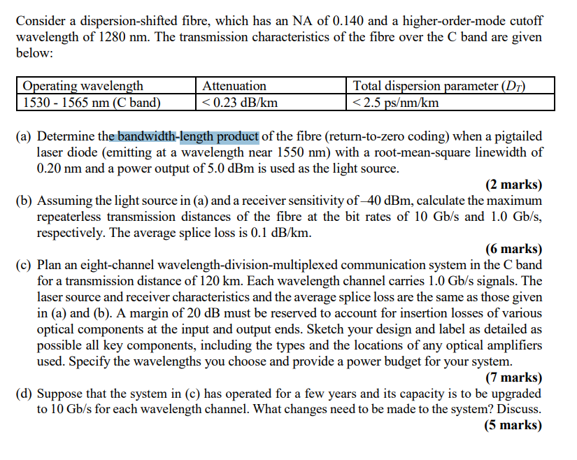 Consider a dispersion - shifted fibre, which has