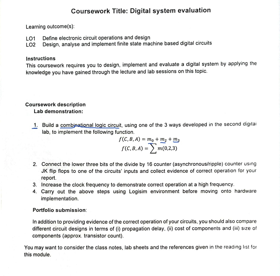 Coursework Title: Digital system evaluation