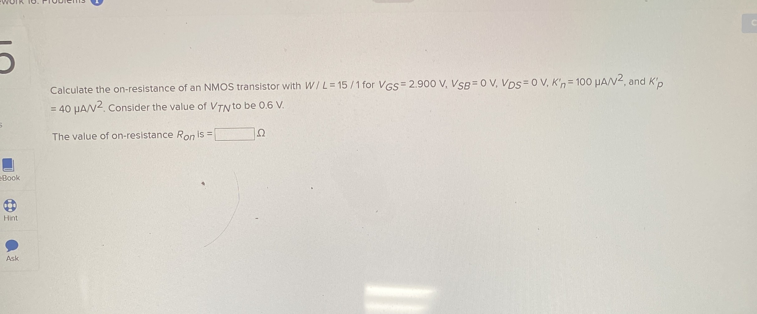 Calculate the on - resistance of an NMOS