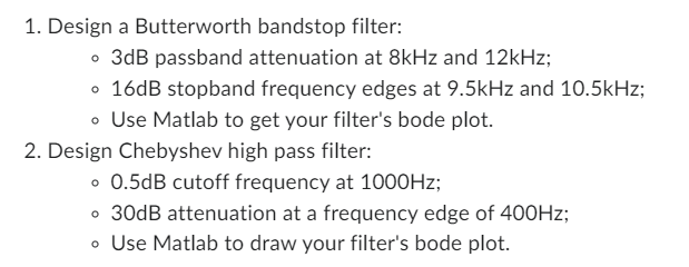 1 . Design a Butterworth bandstop filter: - 3 dB