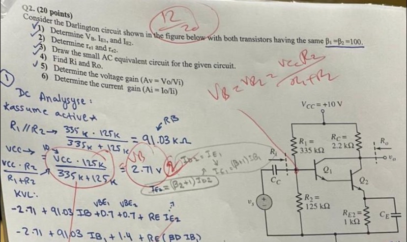 Q 2 . ( 2 0 points ) Determine V B I E 1 , and I