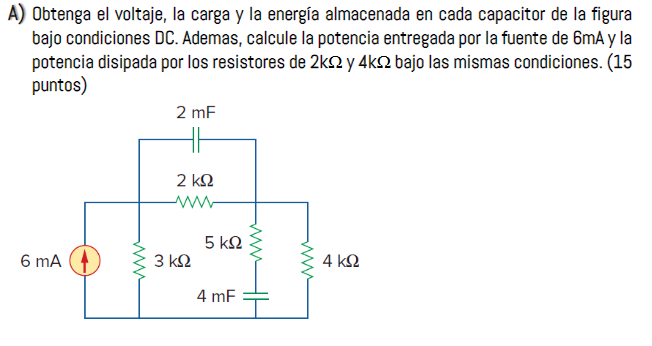 Obtain the voltage, charge and energy stored in