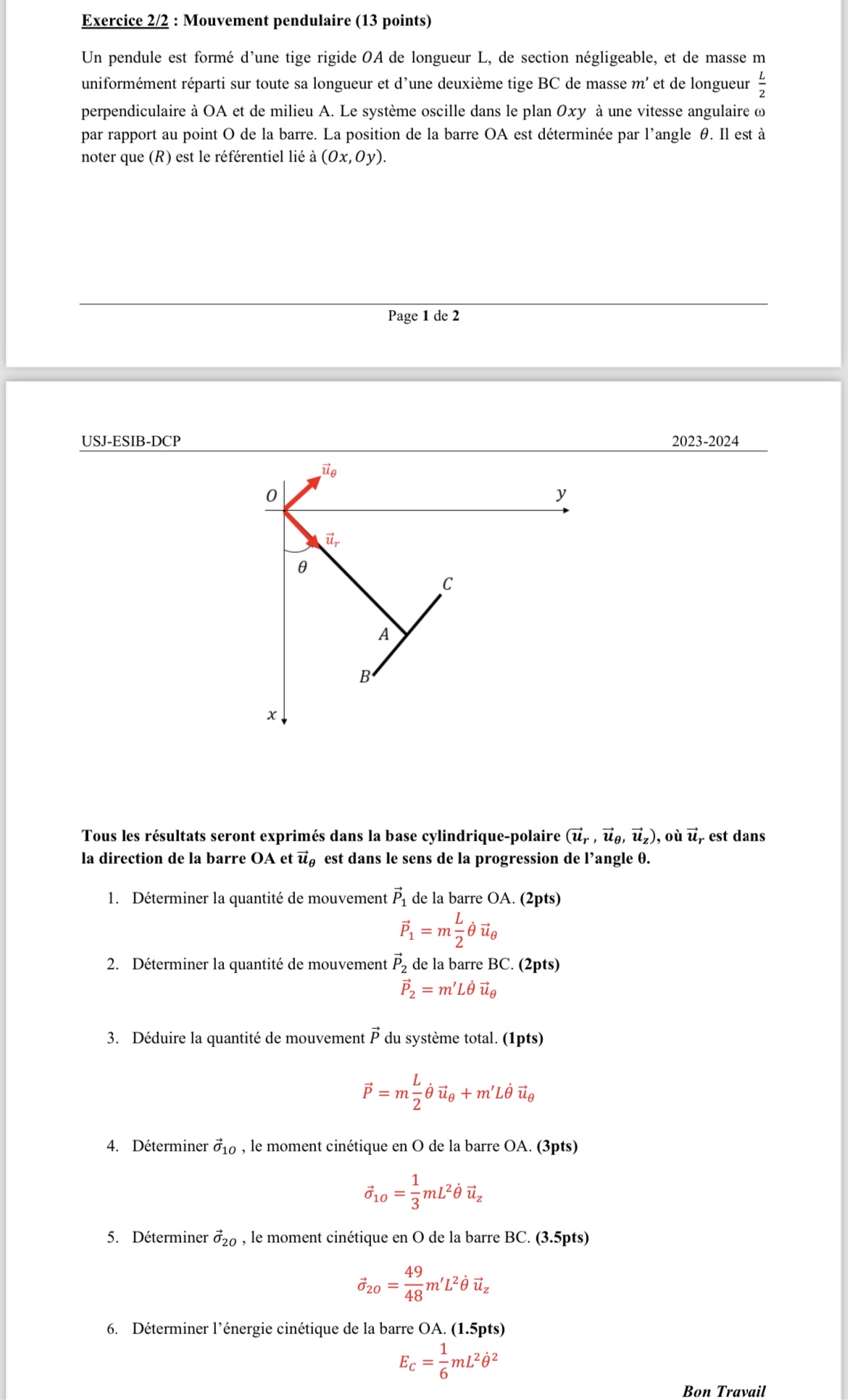 Exercice 2 / 2 : Mouvement pendulaire ( 1 3