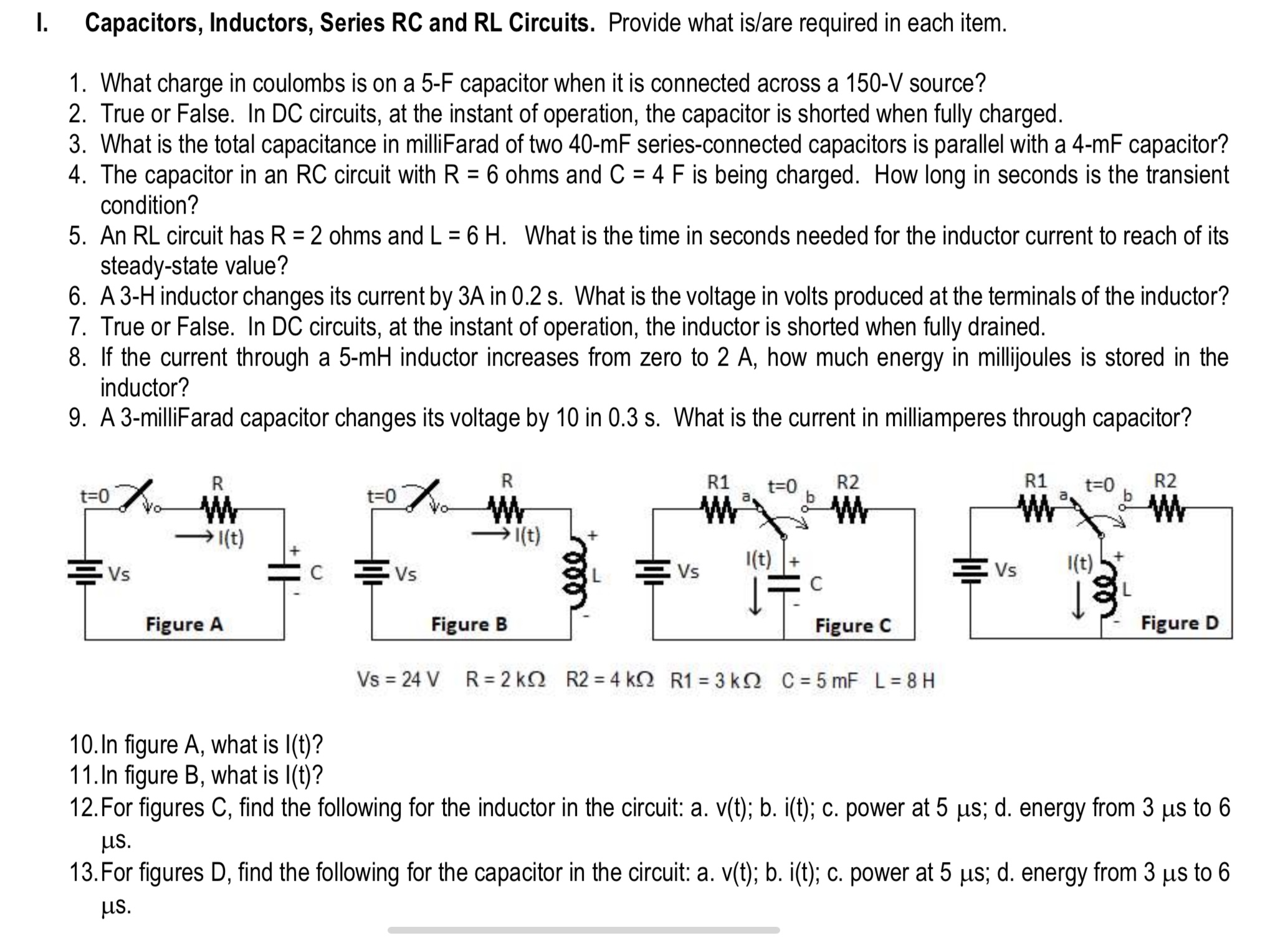 I. Capacitors, Inductors, Series RC and RL