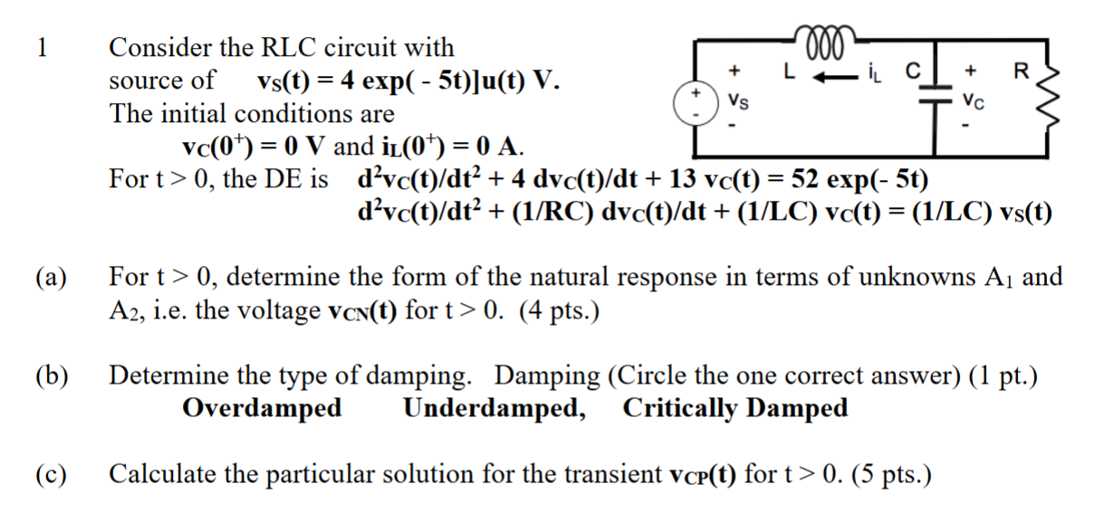 1 Consider the RLC circuit with source of { : , v