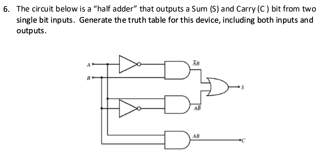 6 . The circuit below is a "half adder" that