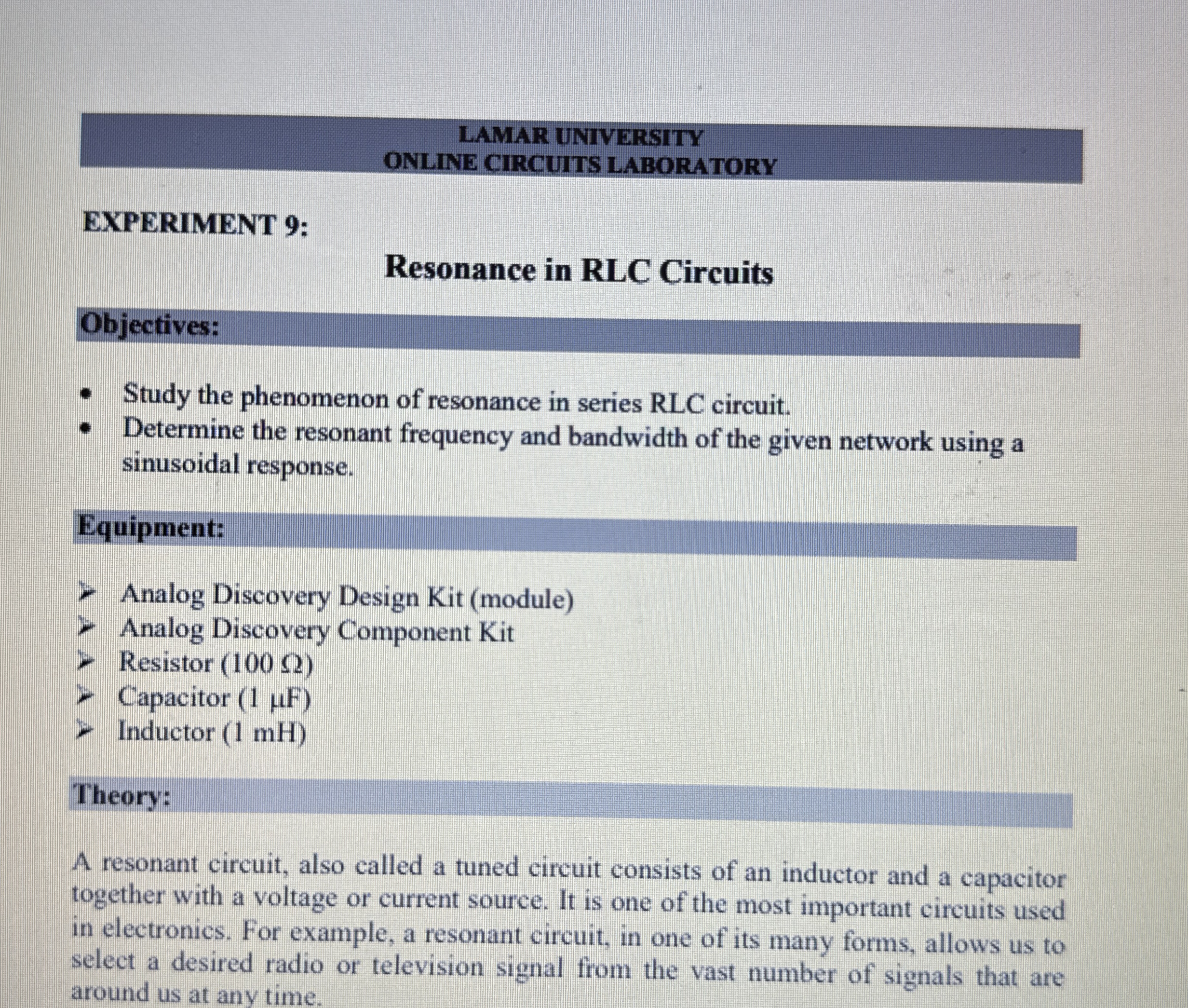 LAMAR UNIVERSITY ONLINE CIRCUITS LABORATORY