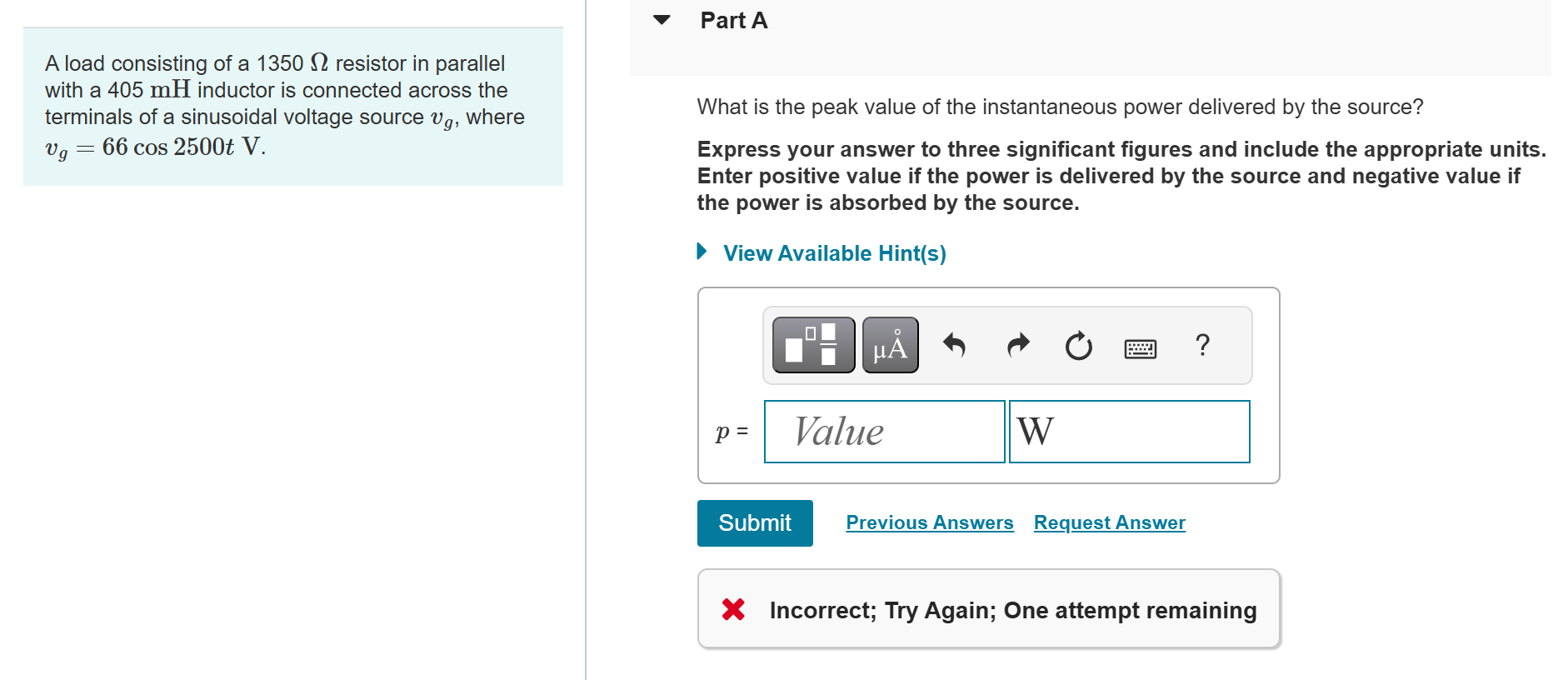 A load consisting of a 1 3 5 0 \ Omega resistor