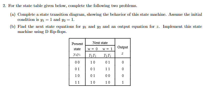 For the state table given below, complete the