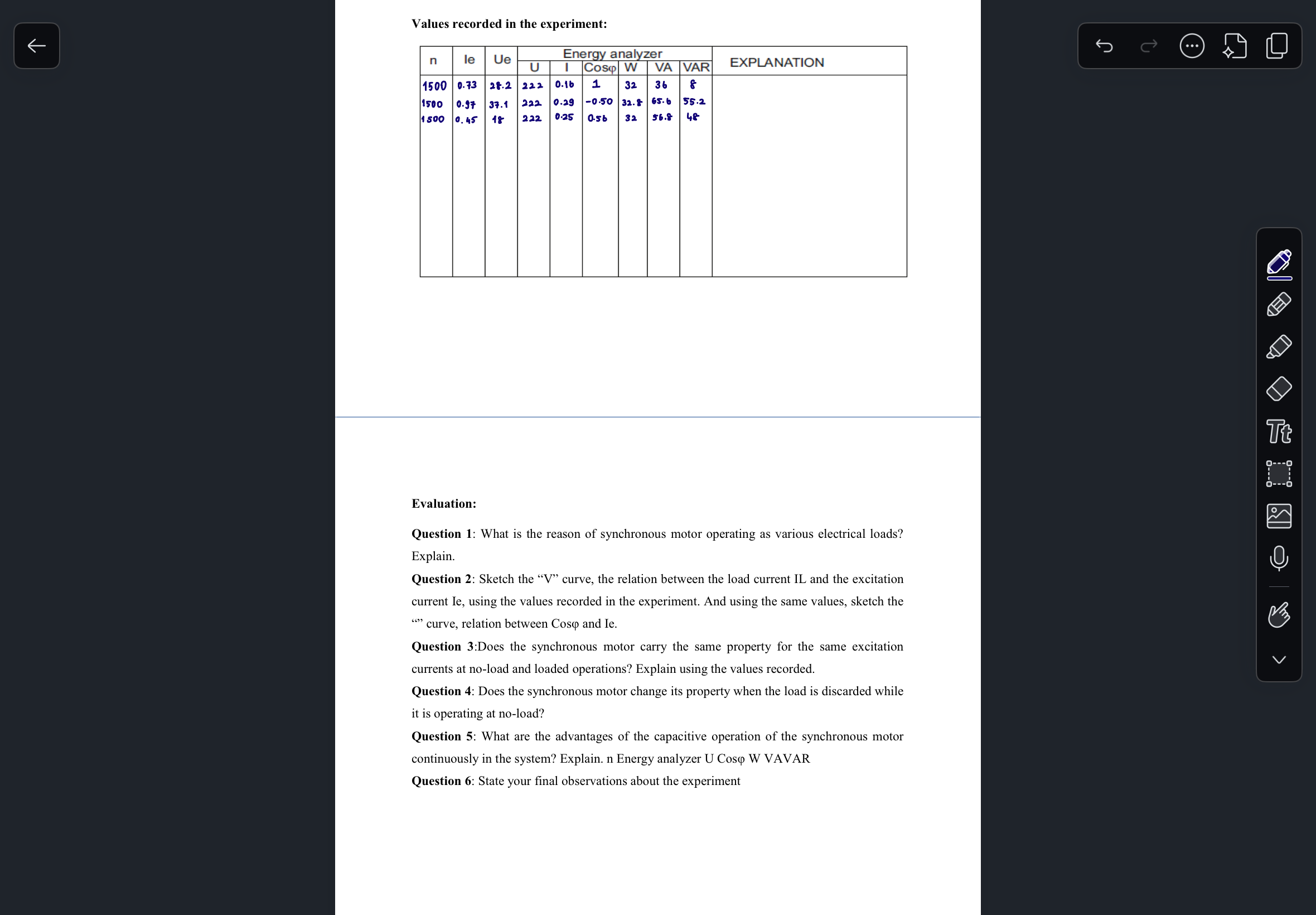Values recorded in the experiment: Evaluation:
