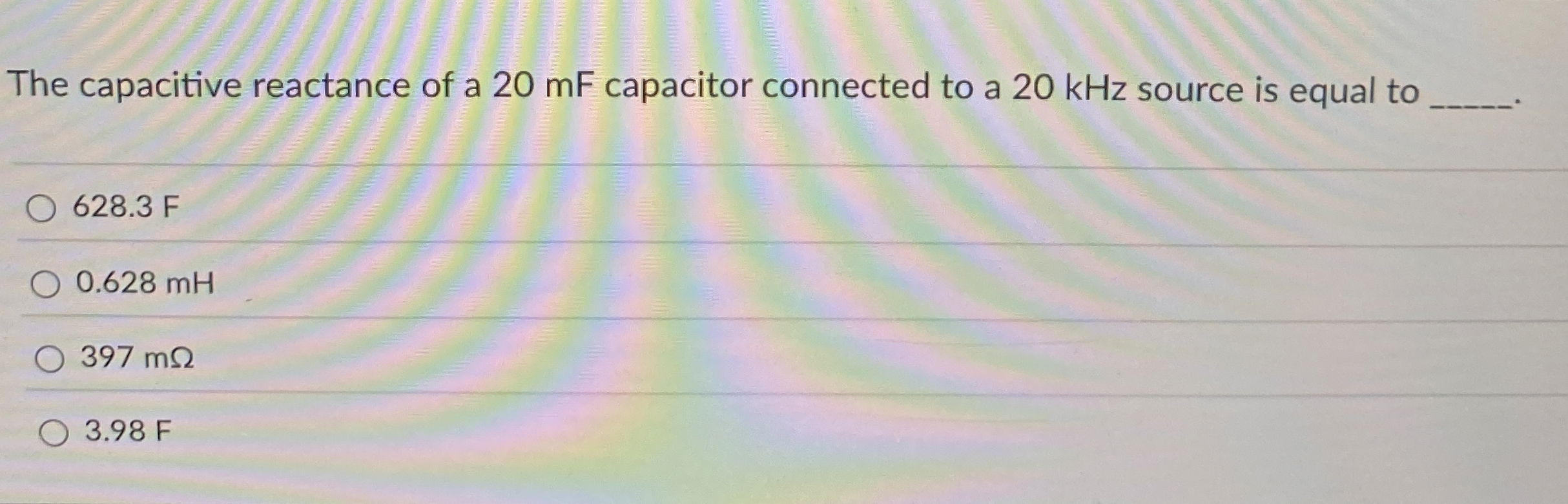 The capacitive reactance of a 2 0 mF capacitor