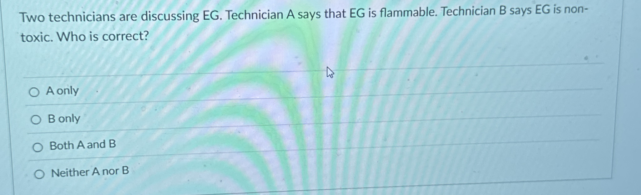 Two technicians are discussing EG . Technician A