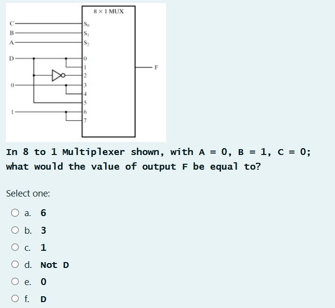 In 8 to 1 Multiplexer shown, with A = 0 , B = 1 ,