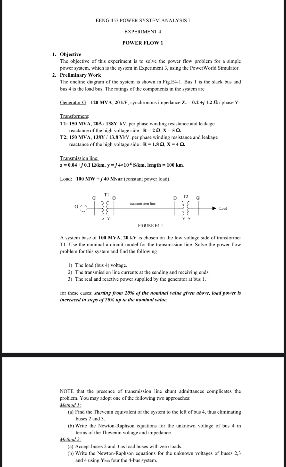 EENG 4 5 7 POWER SYSTEM ANALYSIS I EXPERIMENT 4