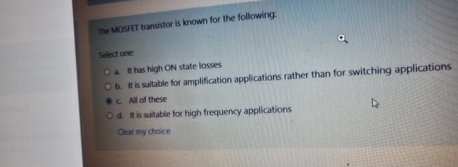 The MOSFEt transistor is known for the following: