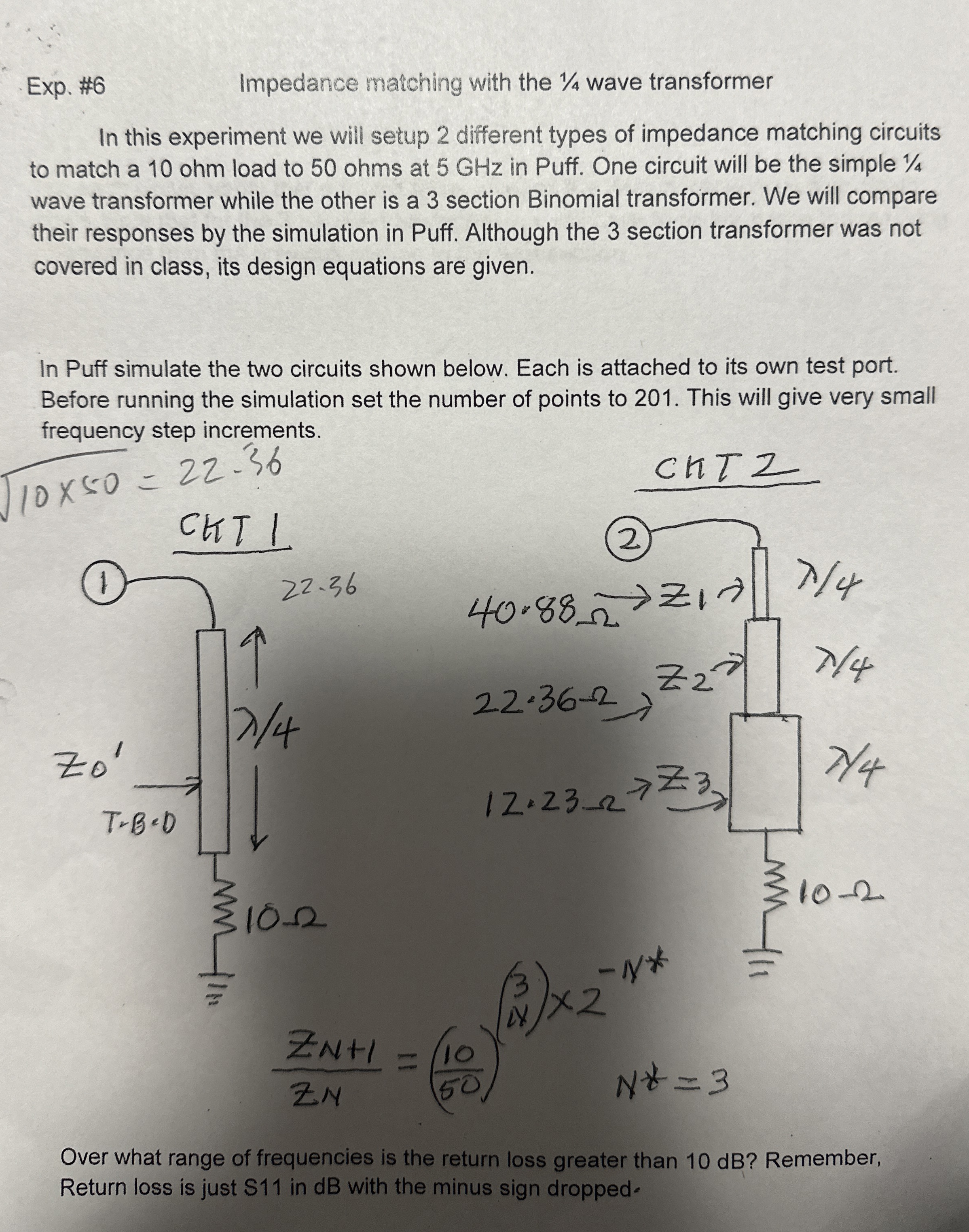 Exp. # 6 Impedance matching with the 1 4 wave