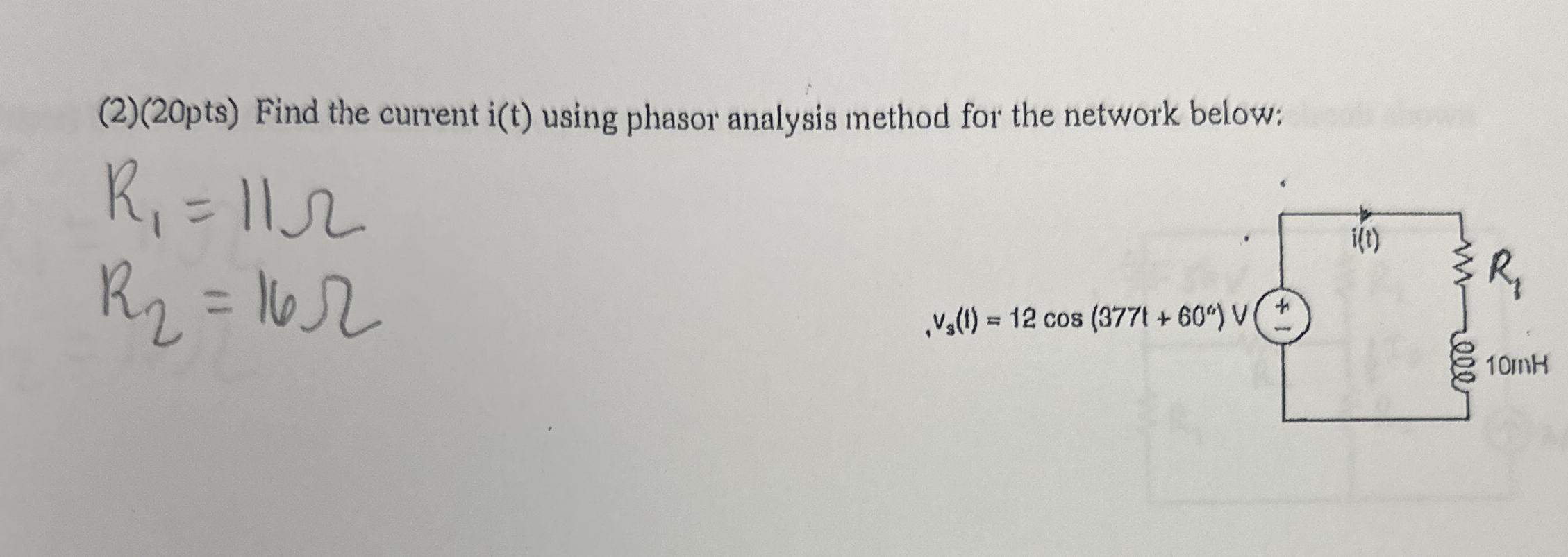 ( 2 ) Find the current i ( t ) using phasor