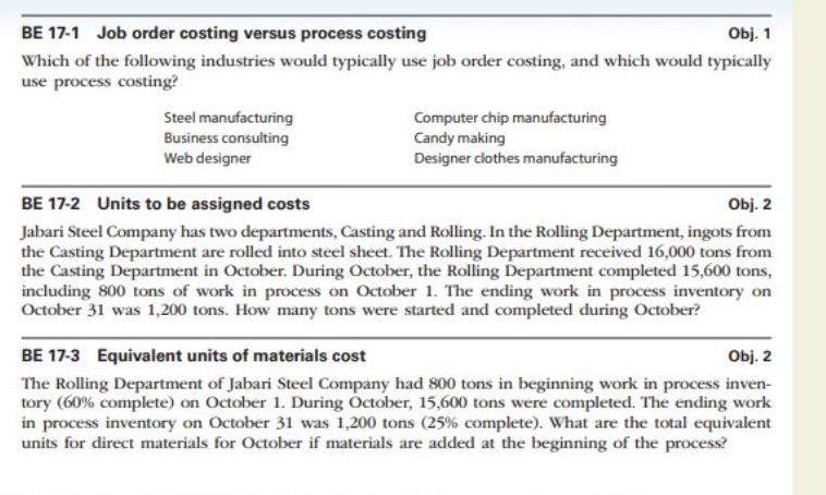 BE 17-1 Job order costing versus process costing
