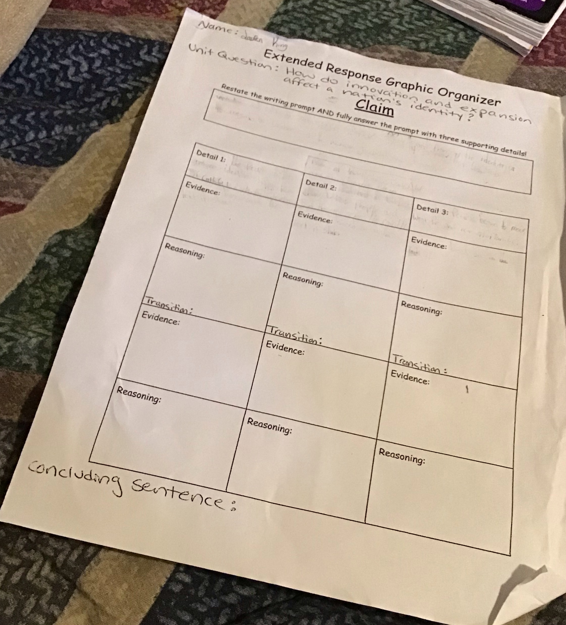 Name : dauten King Extended Response Graphic