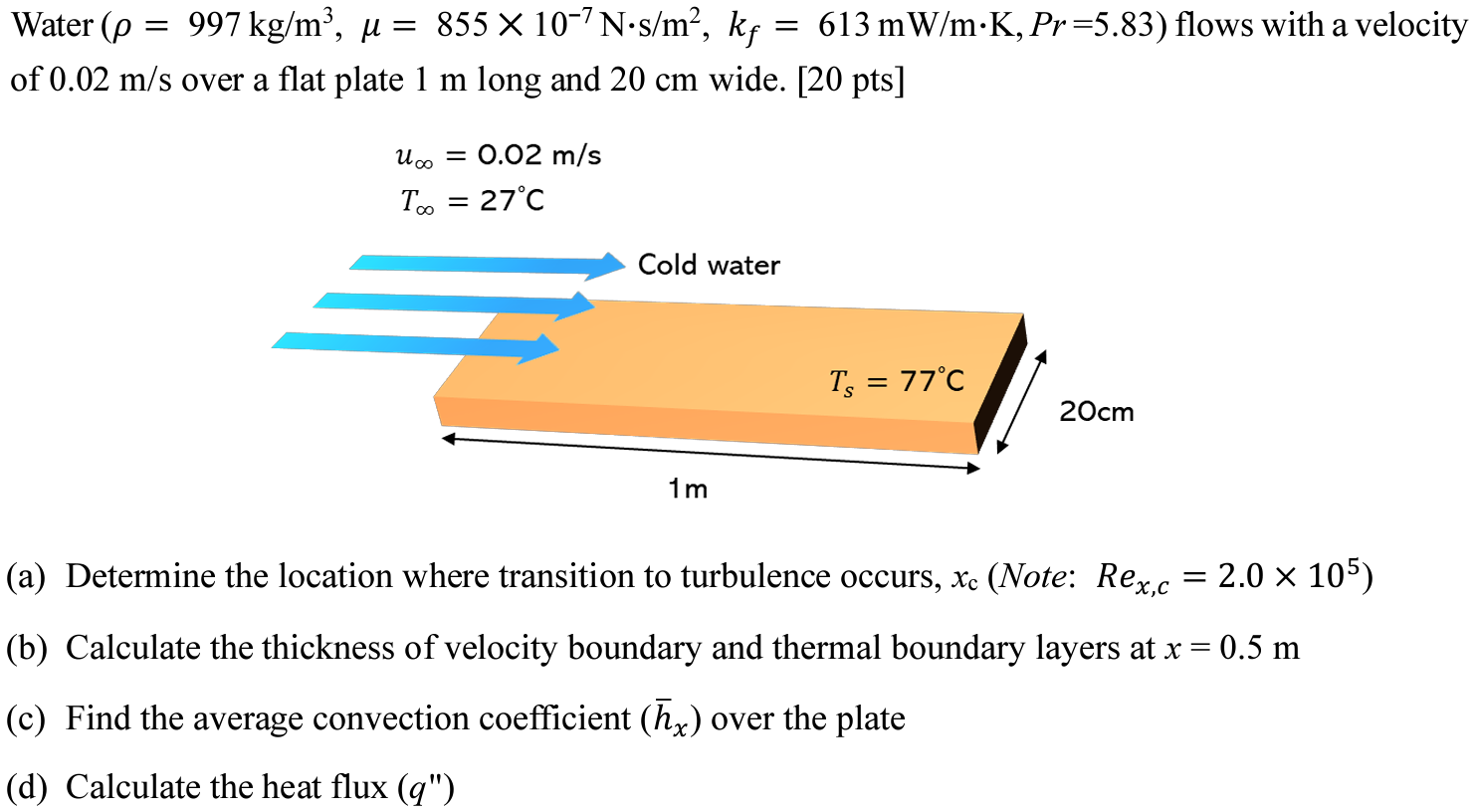 Water (p = 997kg/m?, u = 855X 107 N-s/m?, k; =