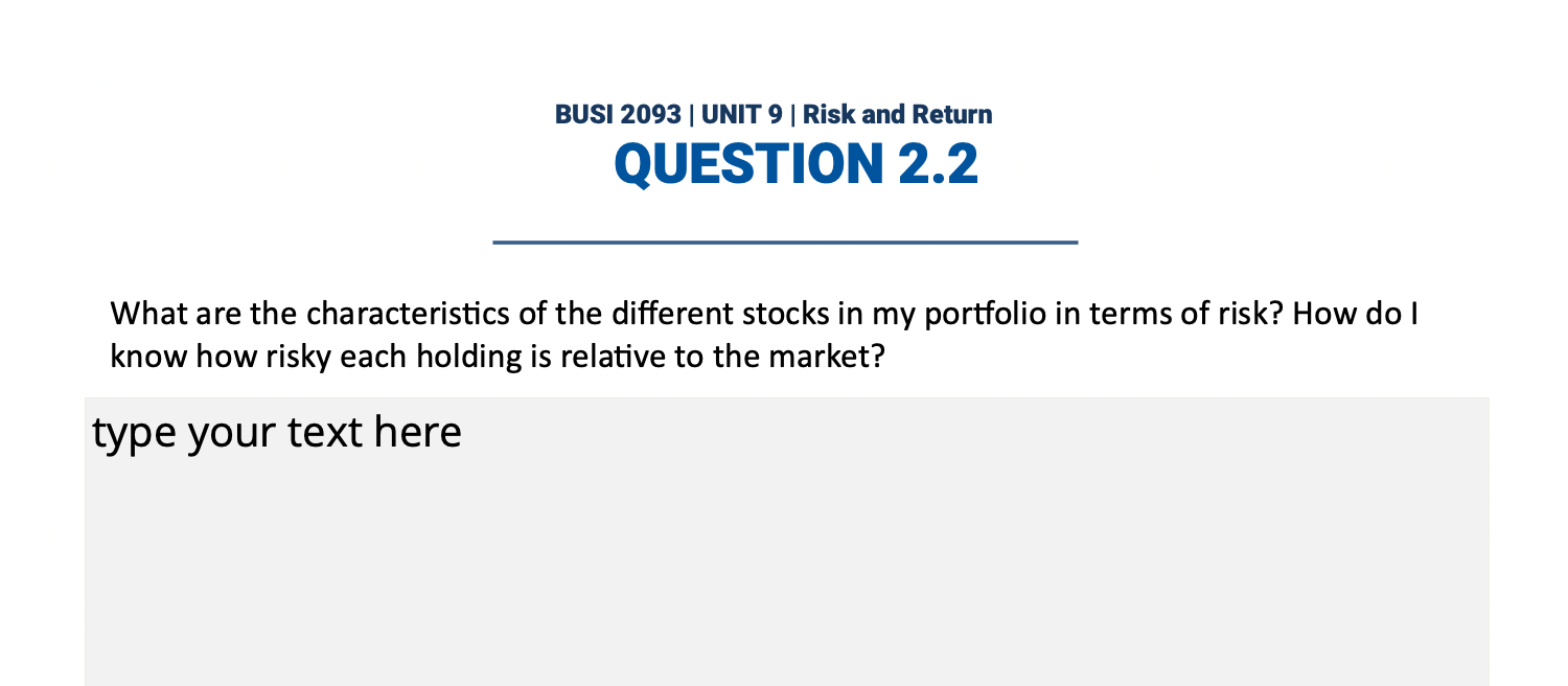 BUSI 2093 | UNIT 9 | Risk and Return QUESTION 2.2