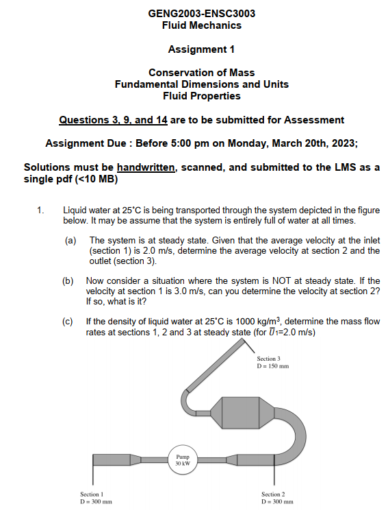 GENG2003-ENSC3003 Fluid Mechanics Assignment 1