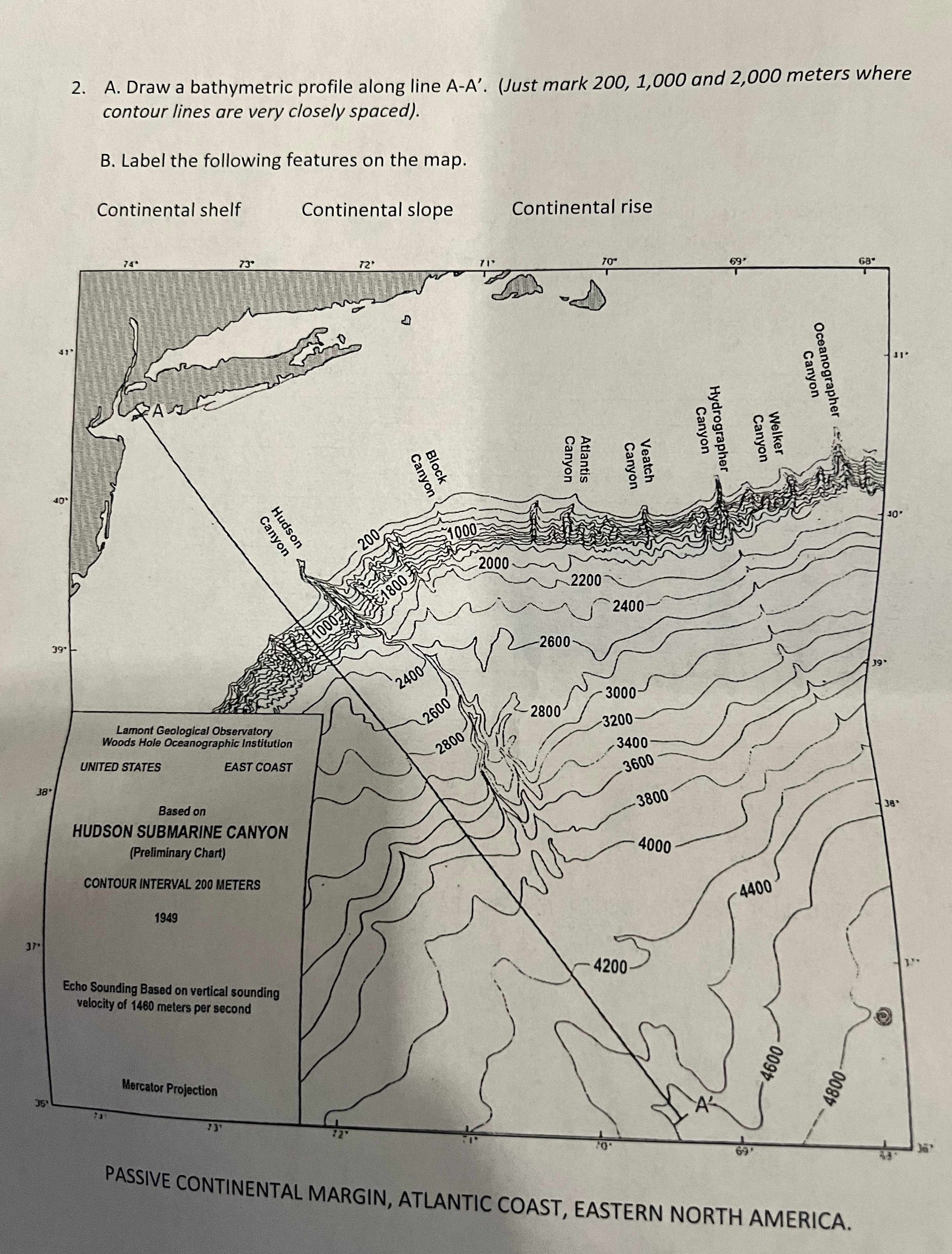 2. A. Draw a bathymetric profile along line