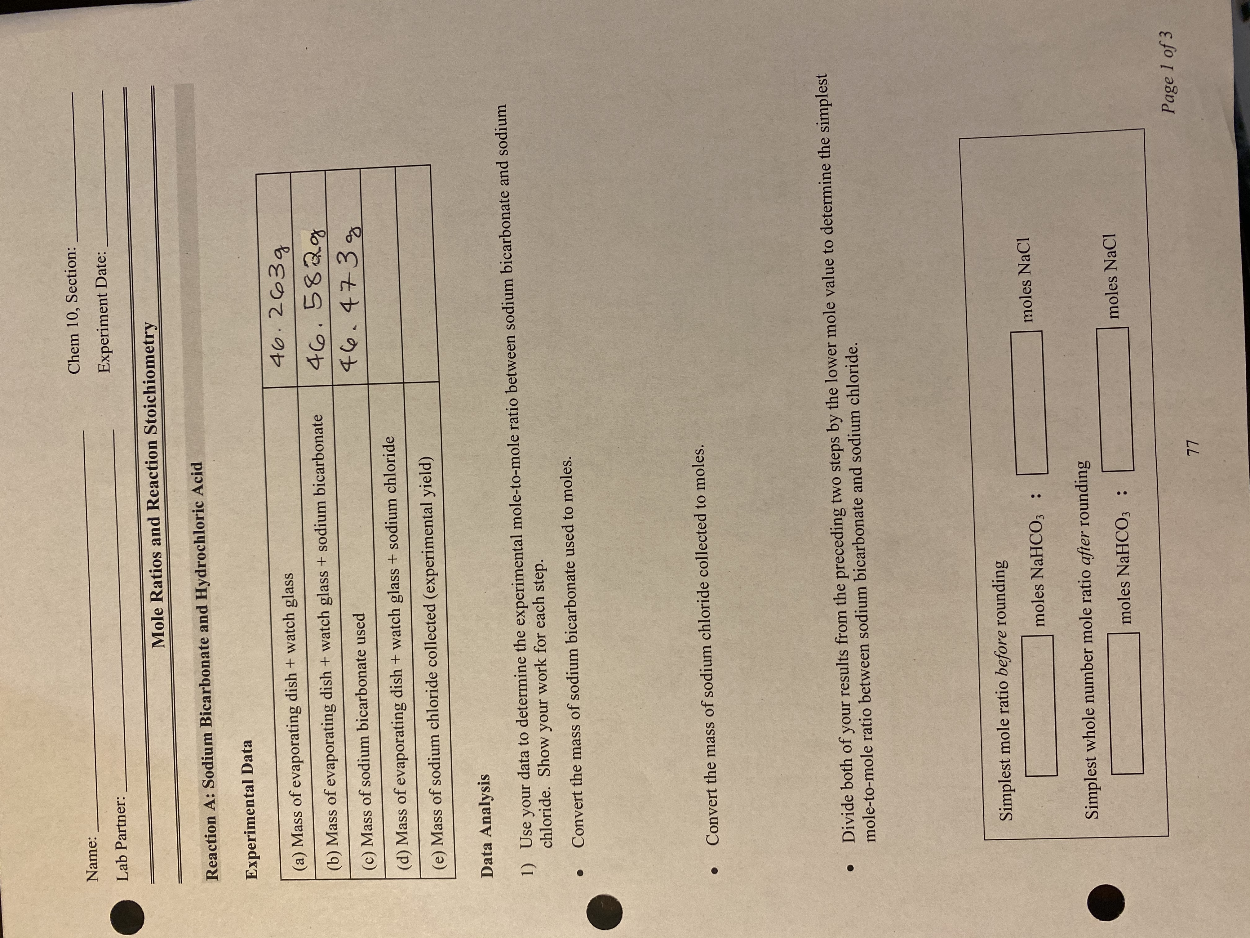 Name: Chem 10, Section: Lab Partner: Experiment