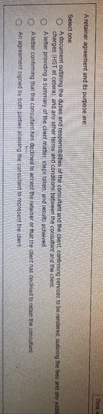 Time le A retainer agreement and its purpose are: