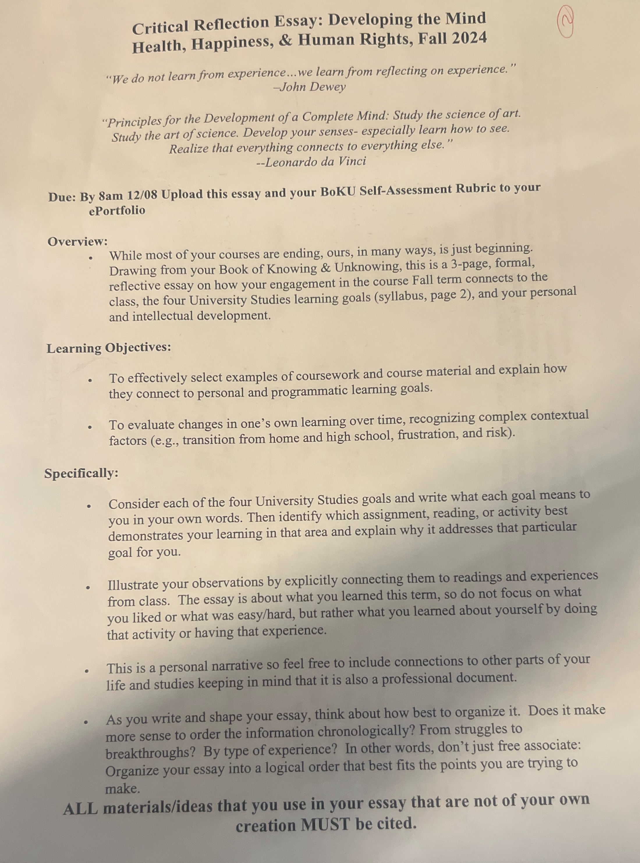 Critical reflection essay must be cited. Critical