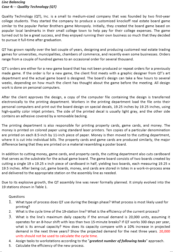 Line Balancing Case 4: -- Quality Technology (QT)