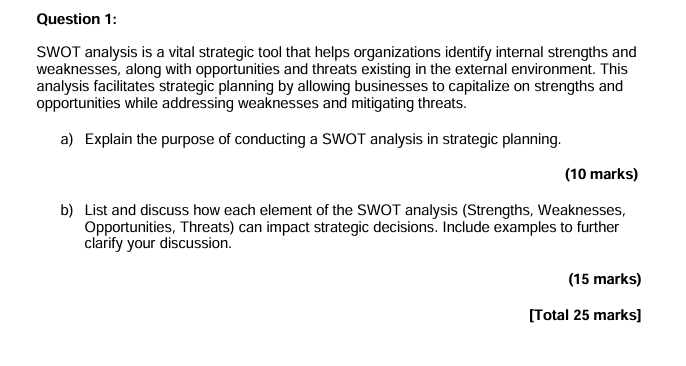 Question 1: SWOT analysis is a vital strategic