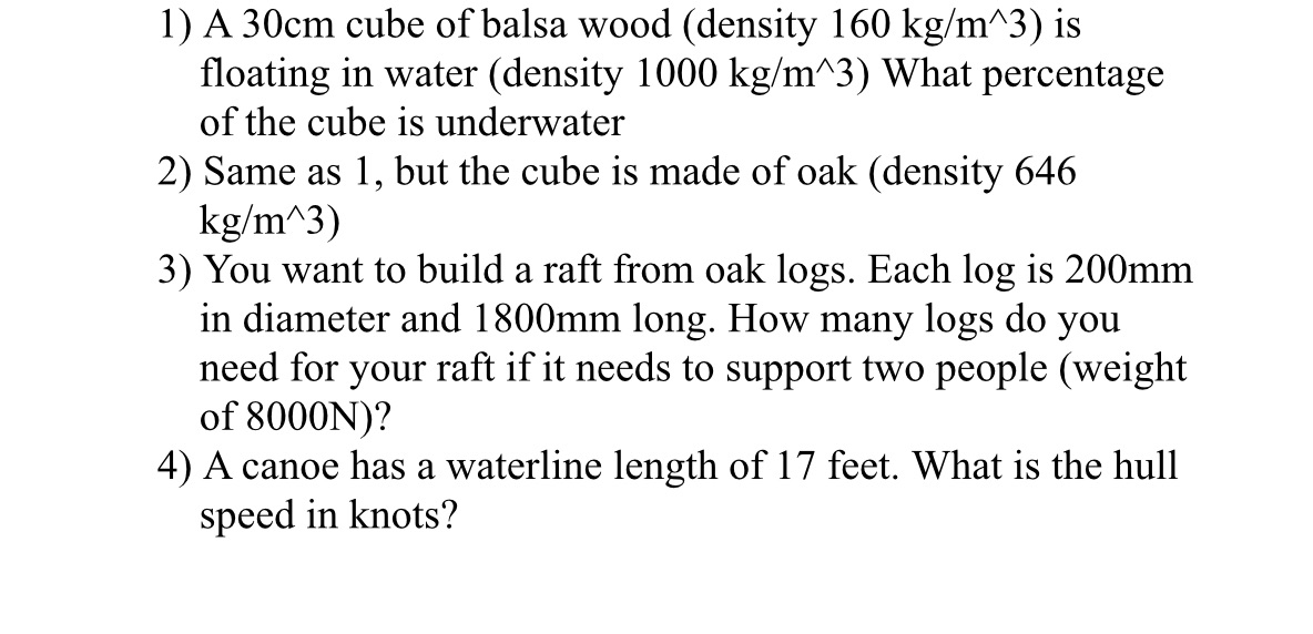 1) A 30cm cube of balsa wood (density 160